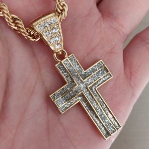 ✝️ 18K Gold Plated Cross Pendant & 30" Rope Chain Necklace 🙏-#16